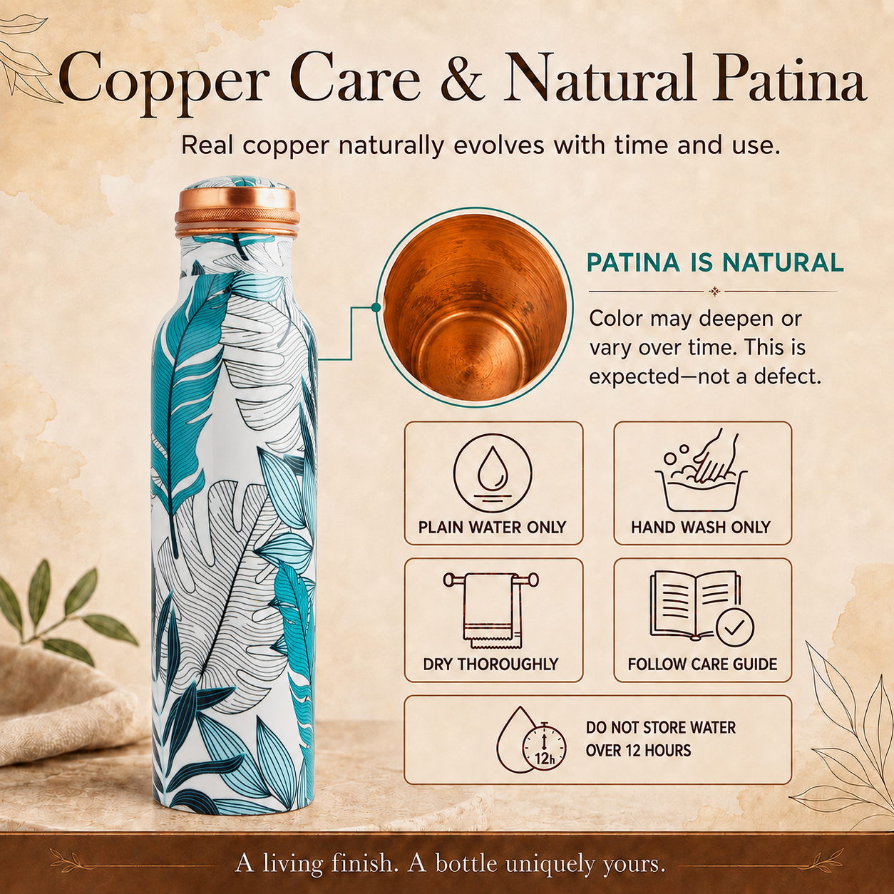 Pure Copper Bottle Tropical Leaf 1L/33.8 fl oz