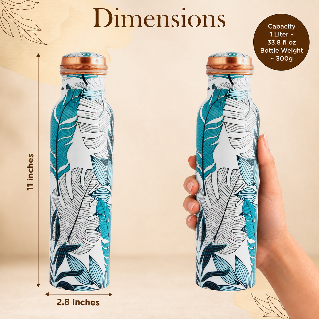 Pure Copper Bottle Tropical Leaf 1L/33.8 fl oz