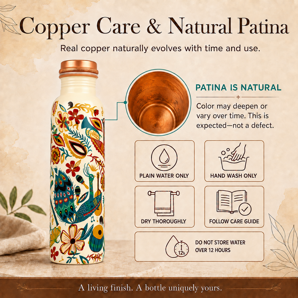 Pure Copper Bottle Peacock Bloom 1L/33.8 fl oz