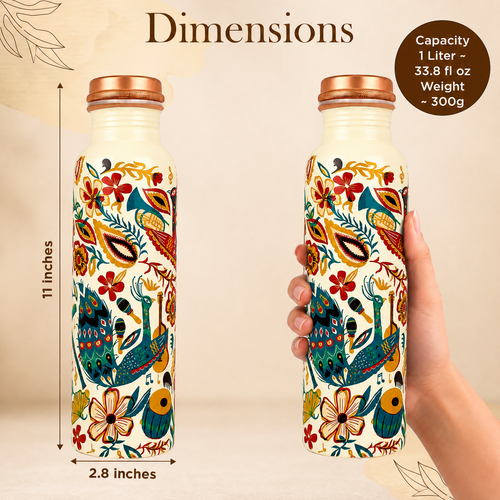 Pure Copper Bottle Peacock Bloom 1L/33.8 fl oz