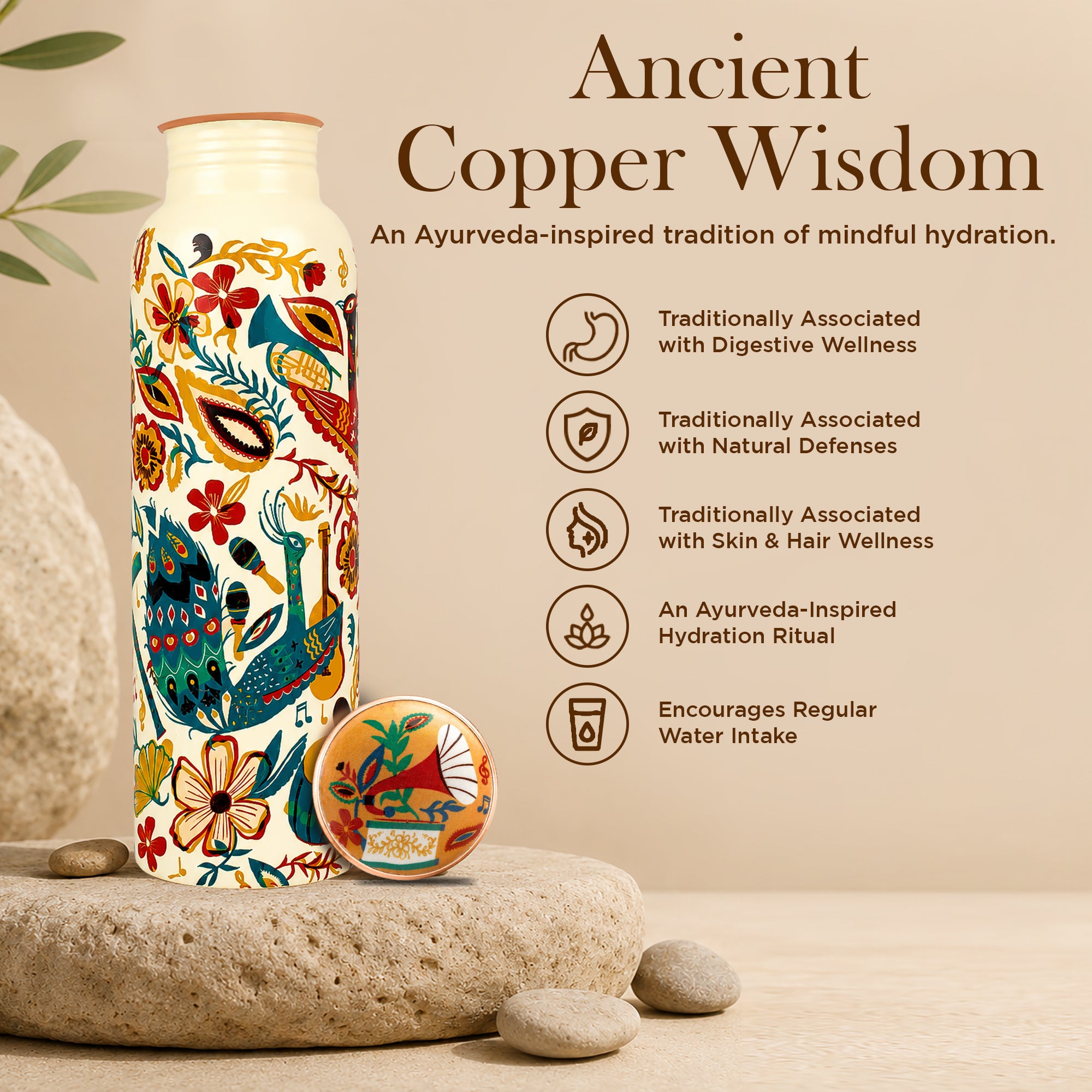 Pure Copper Bottle Peacock Bloom 1L/33.8 fl oz