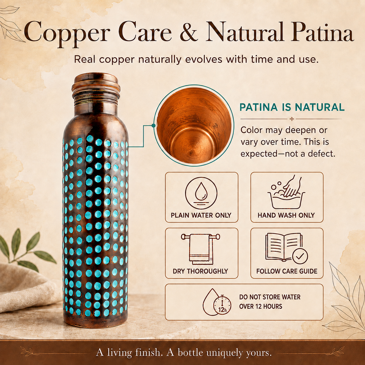 Pure Copper Bottle Patina Hammered 1L/33.8 fl oz